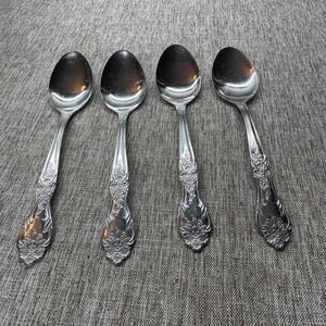 Rogers & Co Stainless China Floral Rose Teaspoons Set of 4 Silver Flatware